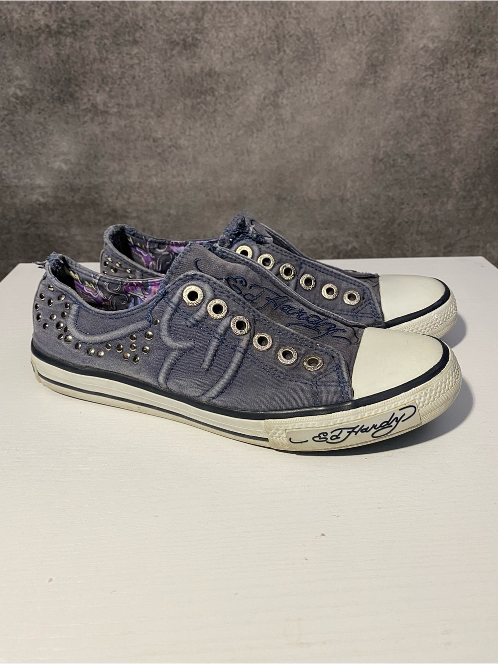 Ed Hardy Low Top Slip On Sneakers Womens Blue Canvas Studded Skull Insole Y2K